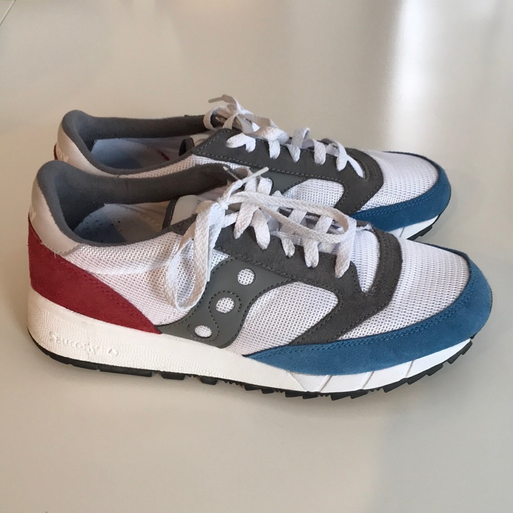 Saucony White, Gray, Red, and Blue Sneakers